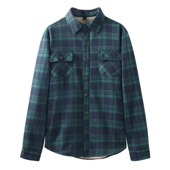 Bzhegqhd Men's Plaid Flannel Shirts Jacket Fleece Lined Thickened Warm Long Sleeve Turn Down Collar Button Pocket Casual Loose Fit Overshirt Coat for Fall Winter