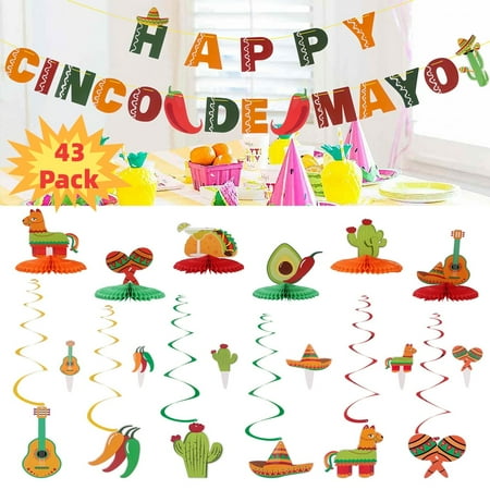43Pcs Fiesta Party Set Serape Cactus Banner Garland Fiesta Mexican Picado Banner Decor for Cinco De Mayo Party Supplies