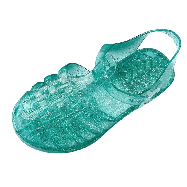 Girls Jelly Sandals Cross Straps Closed Toe Hollow out Sequin Solid Color Adjustable Buckle Durable Non Slip Washable Lightweight Summer PVC Water Shoes for 2-10 Years Green