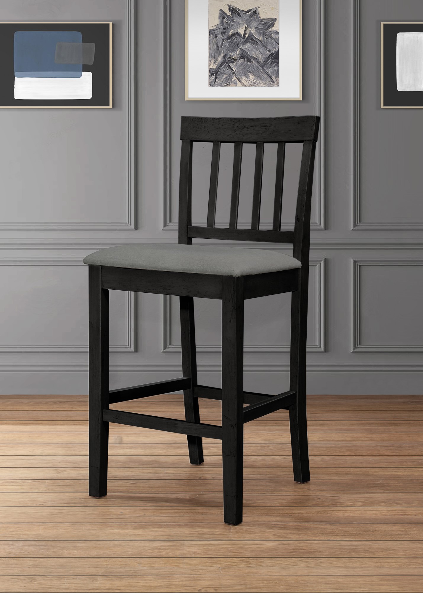 Home Design Wilder Counter Chairs (Set of 4), Black/Gray, Slat-back design, Padded seat, Comfortable seating, Sturdy frame, Modern minimalist style, Durable construction
