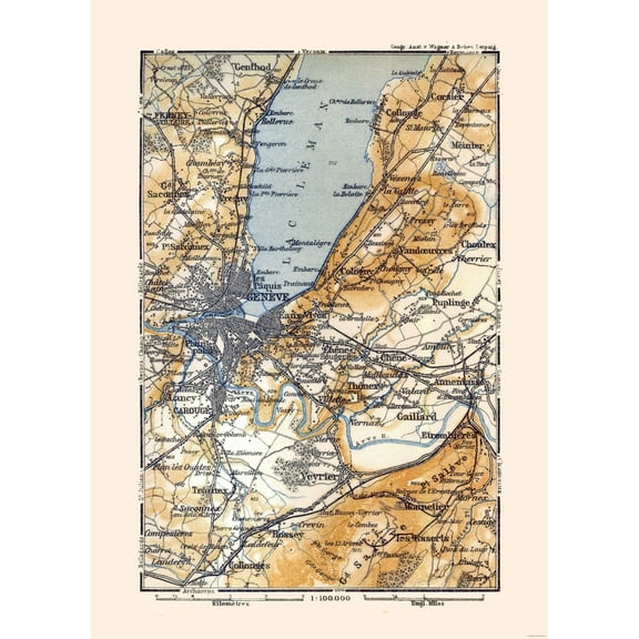 Historic Map - Geneva Switzerland France - Baedeker 1921 - Vintage Wall Art