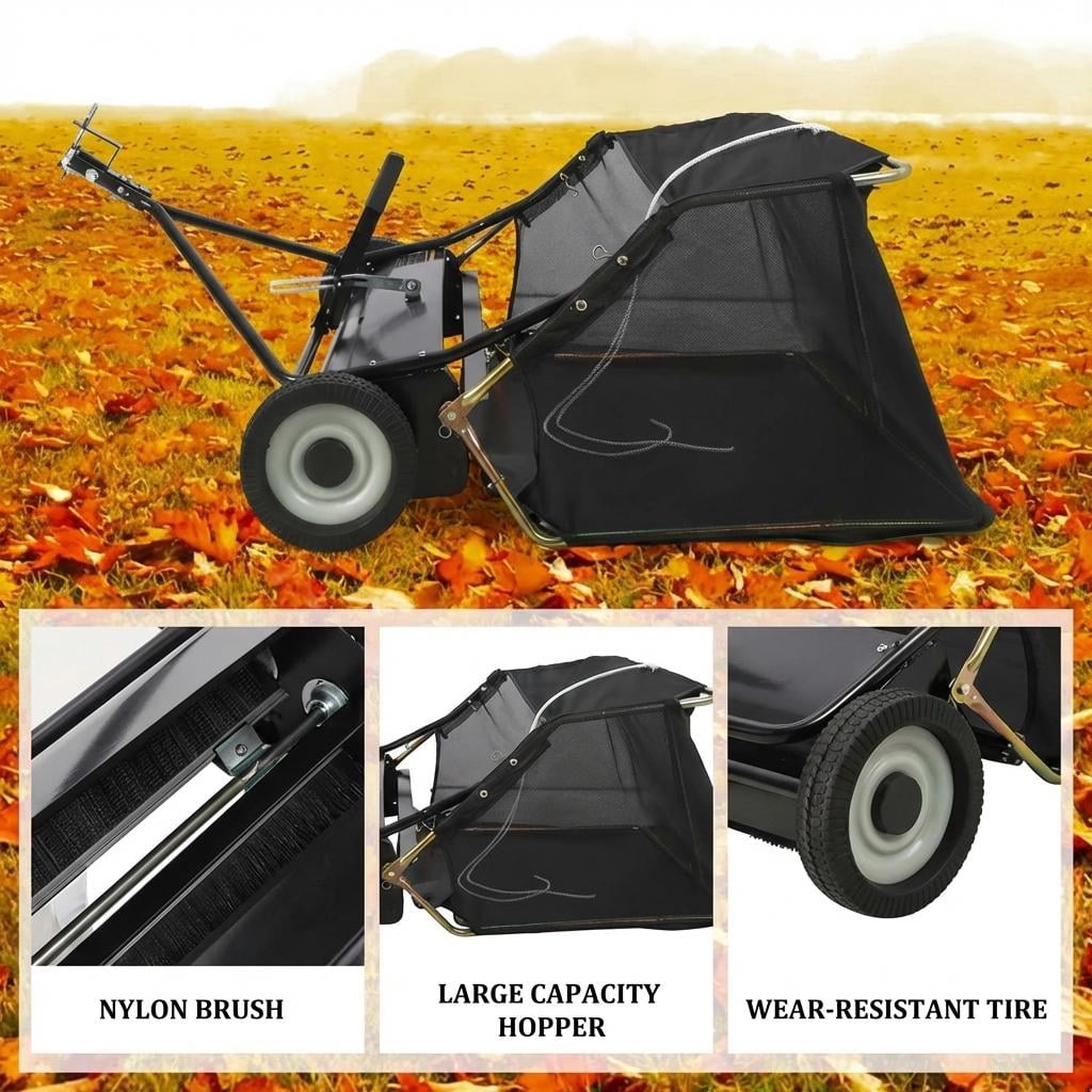 48-Inch ATV Lawn Sweeper, 20 Cubic Feet Easy-Empty Hopper with 4 Nylon Brushes (10-Inch Diameter), Universal Hitch & Non-Slip Wheels, Black