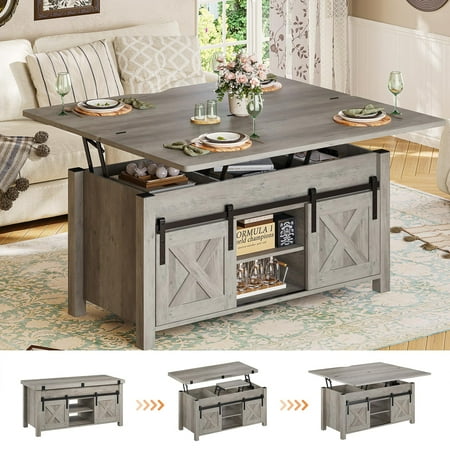 Farmhouse Lift Top Coffee Table, 4 in 1 Multi-Function Convertible Coffee Tables with Storage, Grey