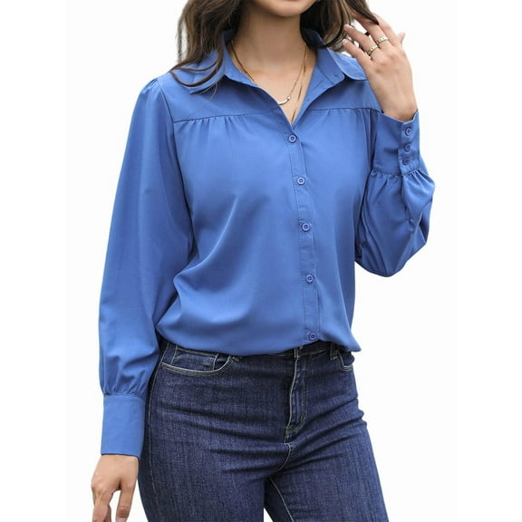 Womens Long Sleeve Dressy Casual Button Down Collared Tops Elegant Pleated Front Work Blouse Blue XL