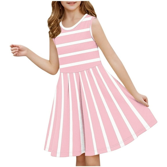 CYRBOKO Girls Summer Dresses 2025, Striped Casual Sleeveless Midi Dresses Pink Size 7-8 T