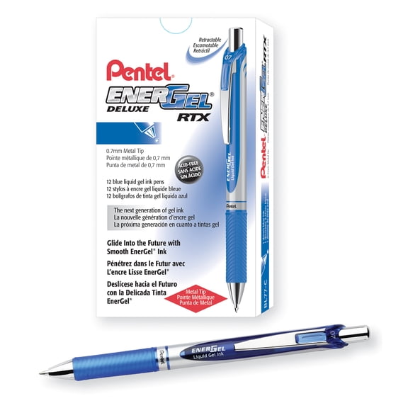 Pentel EnerGel RTX Retractable Liquid Gel Pen, (0.7mm) Metal Tip, Medium Line, Blue Ink, 1 Dozen
