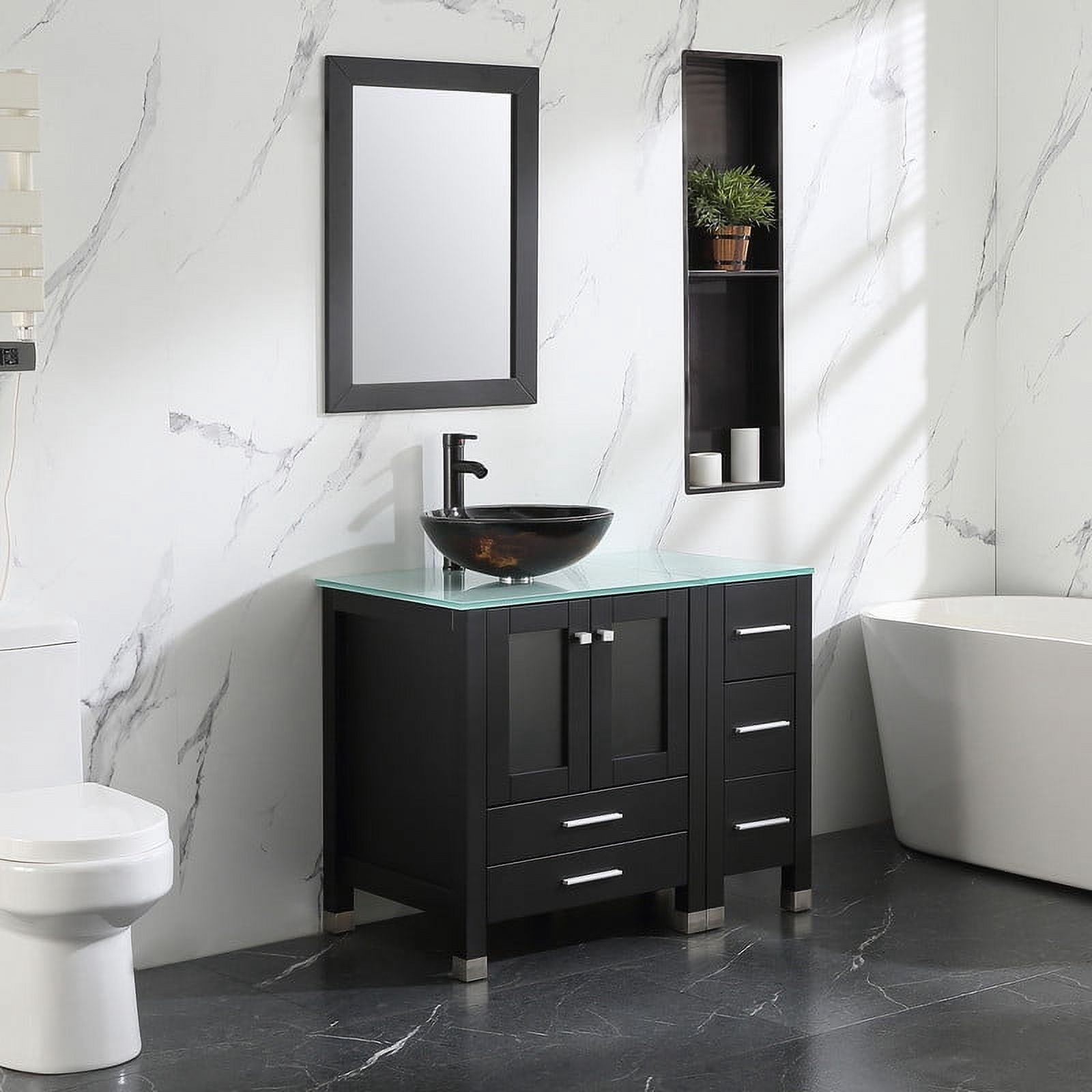 Walsport 36" Luxurious Wood Bathroom Vanity Cabinet Round Tempered Glass Vessel Sink Bowl ORB Faucet Drain Combo Design with Mirror Modern Vanities Set,Black