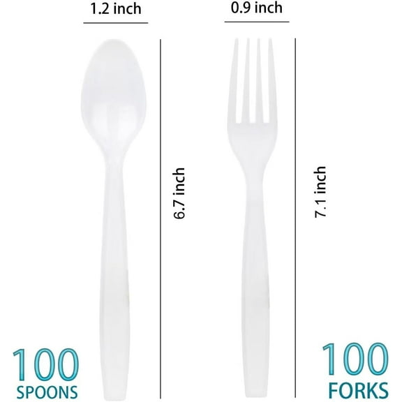 JUNCHI-200 Count White Plastic Silverware, Heavy Weight Plastic Forks Spoons Disposable Utensils Cutlery Set for Wedding Party Supplies Everyday Use