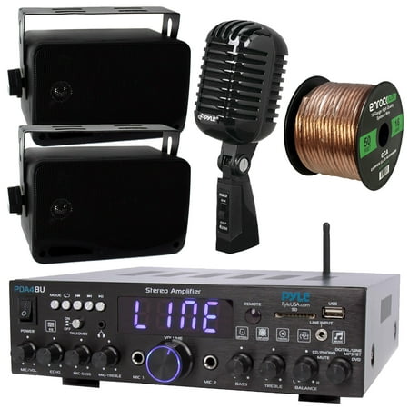 Pyle Wireless Bluetooth Stereo Amplifier-Multi-Channel 200W Amplifier Receiver System Bundle Combo with 2x 3.5   3-Way Weather Proof Black Box Speakers  Retro Black Microphone  16 Gauge 50 Feet Wire price history on PriceWatchPro