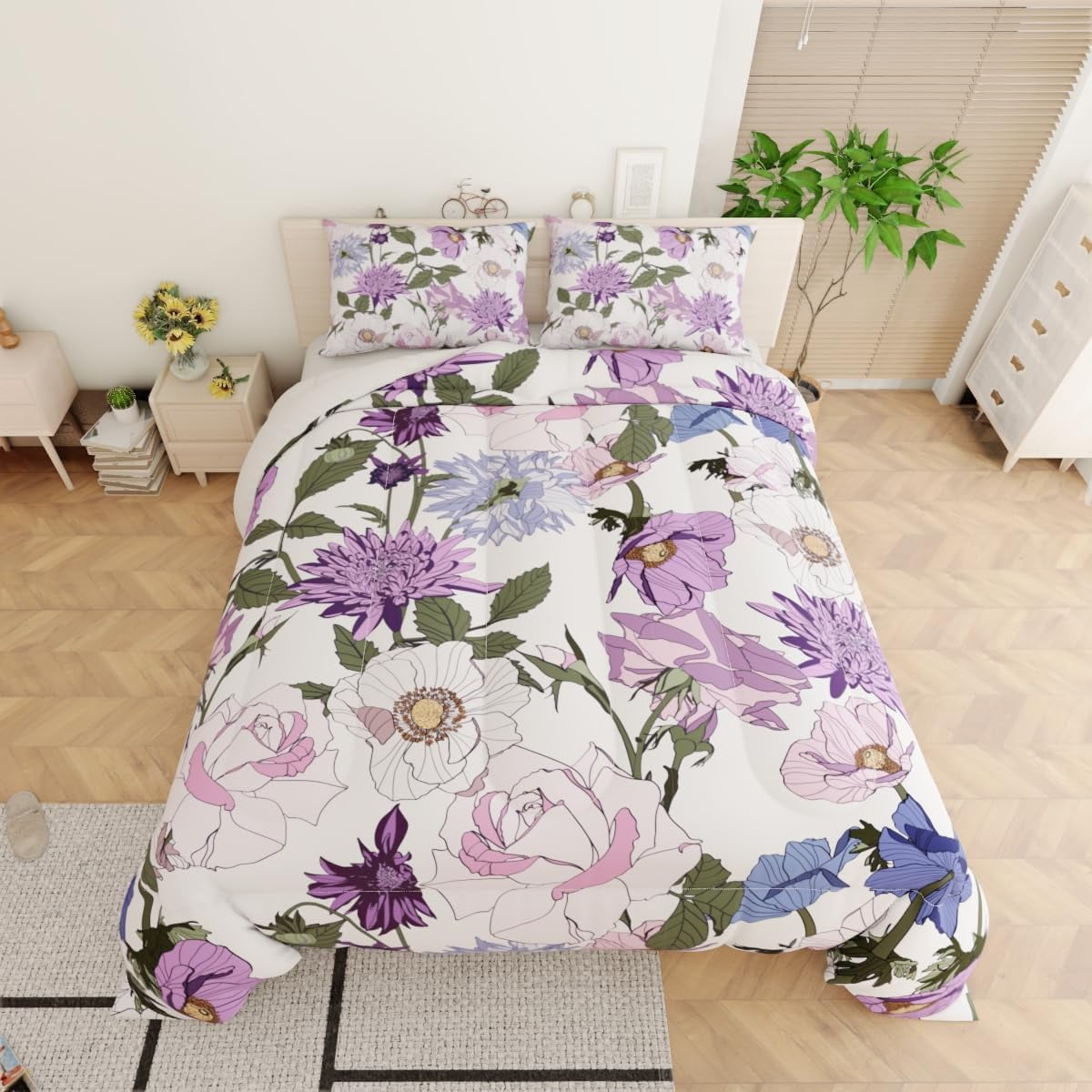 Purple Floral Bedding Set 3pcs Queen Size White Blue Botanical Flowers