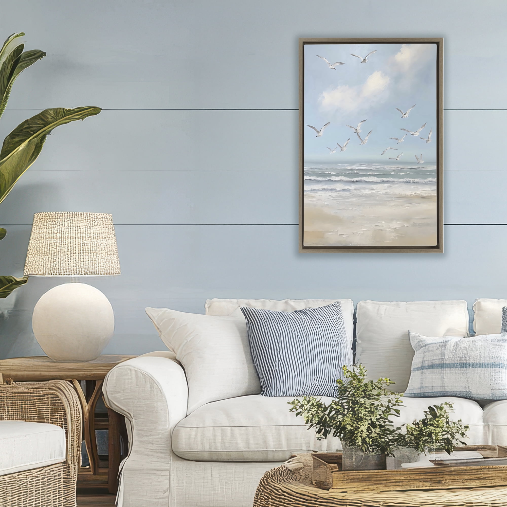 Stupell Industries Ocean Flight Seagulls Brown Framed Floater Canvas Wall Art, design by Creative Studio