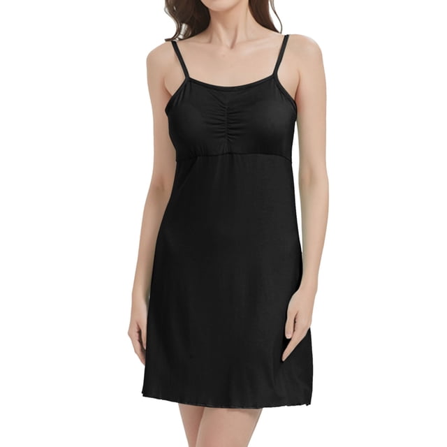 AWZXDE Women's Simple Fresh Plain Solid Color Plus Size Short Strap Sleepwear With Built-In Bra Design Fashion Nightgown Black,L