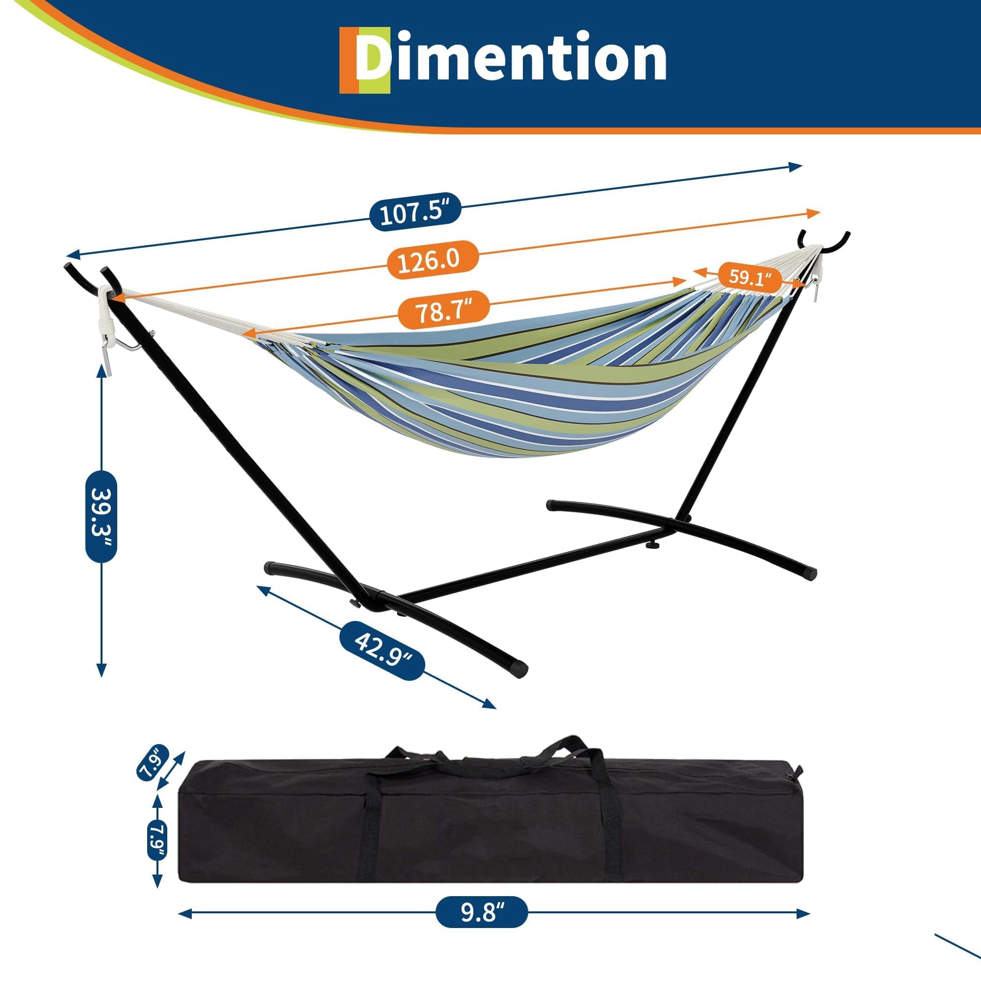 Double Hammock with Space Saving Steel Stand, 450 lbs Capacity Portable Hammock with Carrying Bag for Indoor Outdoor Patio Yard, Blue & Green Stripes