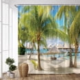 thumbnail image 3 of Tropical Beach Landscape Shower Curtain Green Palm Trees Hammock Ocean Dock Weed House Hawaii Nature Scenery Fabric Polyester Bathroom Curtains with Hooks 70x70 Inch, 3 of 6