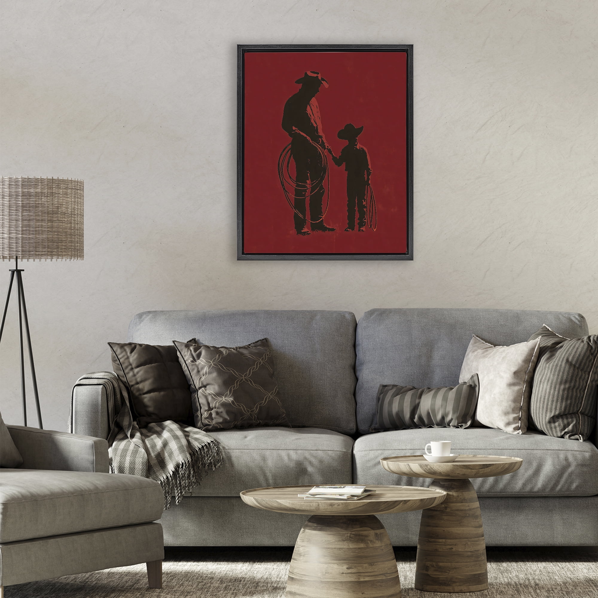 Burgundy Cowboy Father & Son Black Framed Floater Canvas Wall Art, design by Arlington Prints