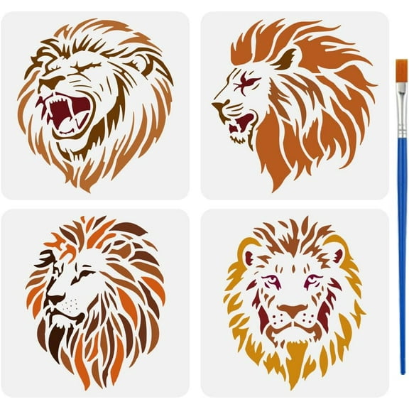 4 Styles Lion Head Pattern Stencils with a Brush 5.9x5.9Inch Various Lion Face Painting Stencils Male Lions Drawing Template PET Animal Themes Roaring Lions Template