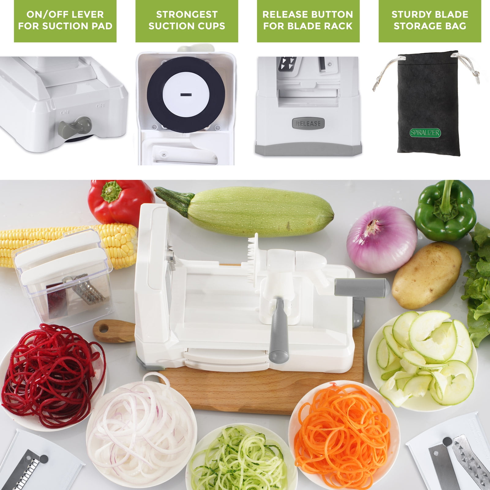 Nuvantee Spiralizer for Veggies - Zucchini Noodle Maker Slicer w/ 5 Blade Cutter Attachments - Vegetable Spiralizer for Cucumber Slicer, Curly Fries