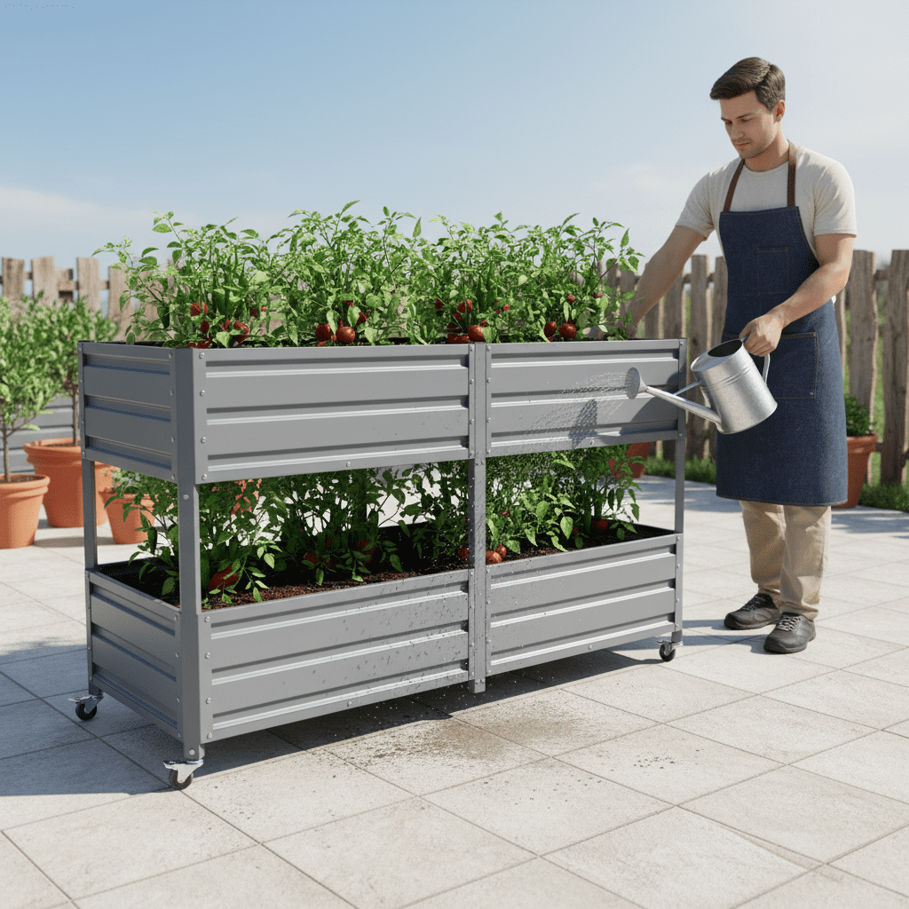 Mintazer 2-Tier Elevated Metal Raised Garden Bed with Lockable Wheels, 2-Layer Raised Planter Box for Backyard Patio Balcony Greenhouse, Dark Gray