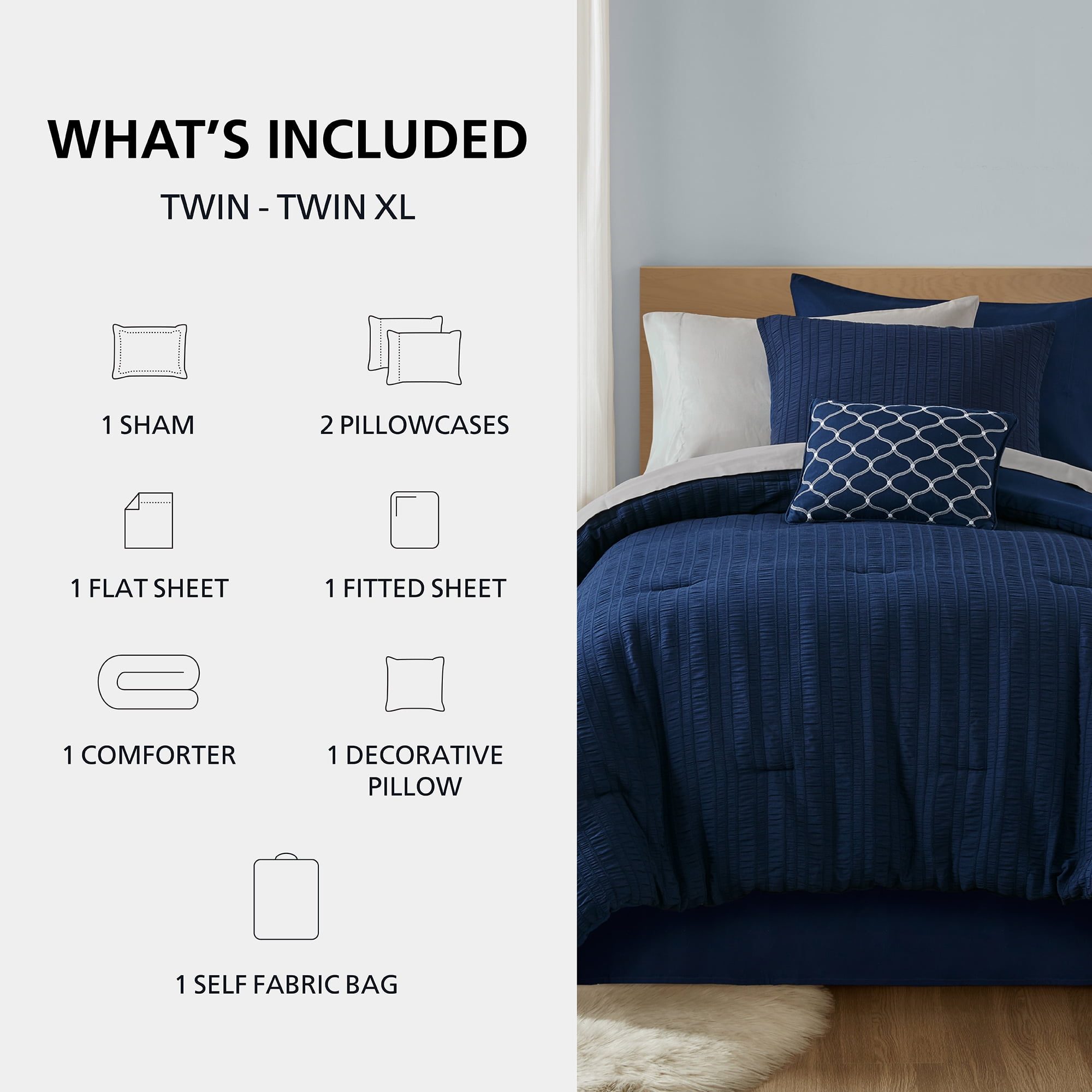 Mainstays All in One Reversible Comforter and Sheet set- 8 Piece, Twin, Navy Seersucker