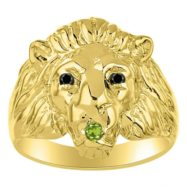 RYLOS Rings Gold Plated Silver Lion Head Ring Black Diamonds Eyes & Gemstone Mouth Fun Designer Rings Peridot Jewelry Size 9