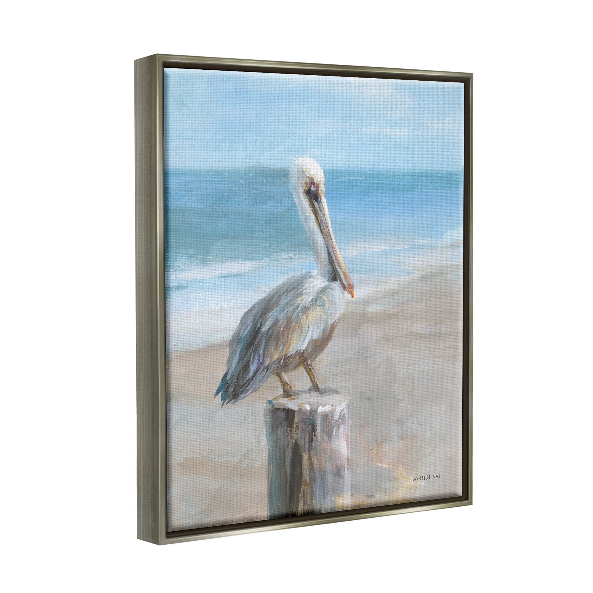Stupell Industries Pelican Perched on Coast Animals & Insects Painting Gray Floater Framed Art Print Wall Art, 25 x 31