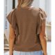 thumbnail image 4 of Tops con volantes para mujer, color puro, elegante, cuello redondo, tops de manga corta para citas, trabajo, marrón, XL, 4 of 6