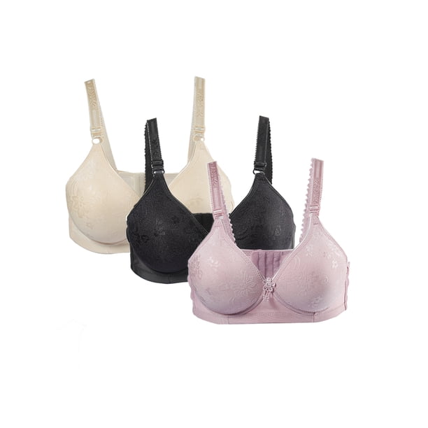 SOSTEN CHIC Mujeres Cómodo Suave Elástico Básico de Cobertura Completa Sin Aros Sin Alambres Sostenes de Uso Diario 3 Pcs Negro+Rosa Pálido+Albaricoque-Floral 40/90 Ajuste 36A 36B