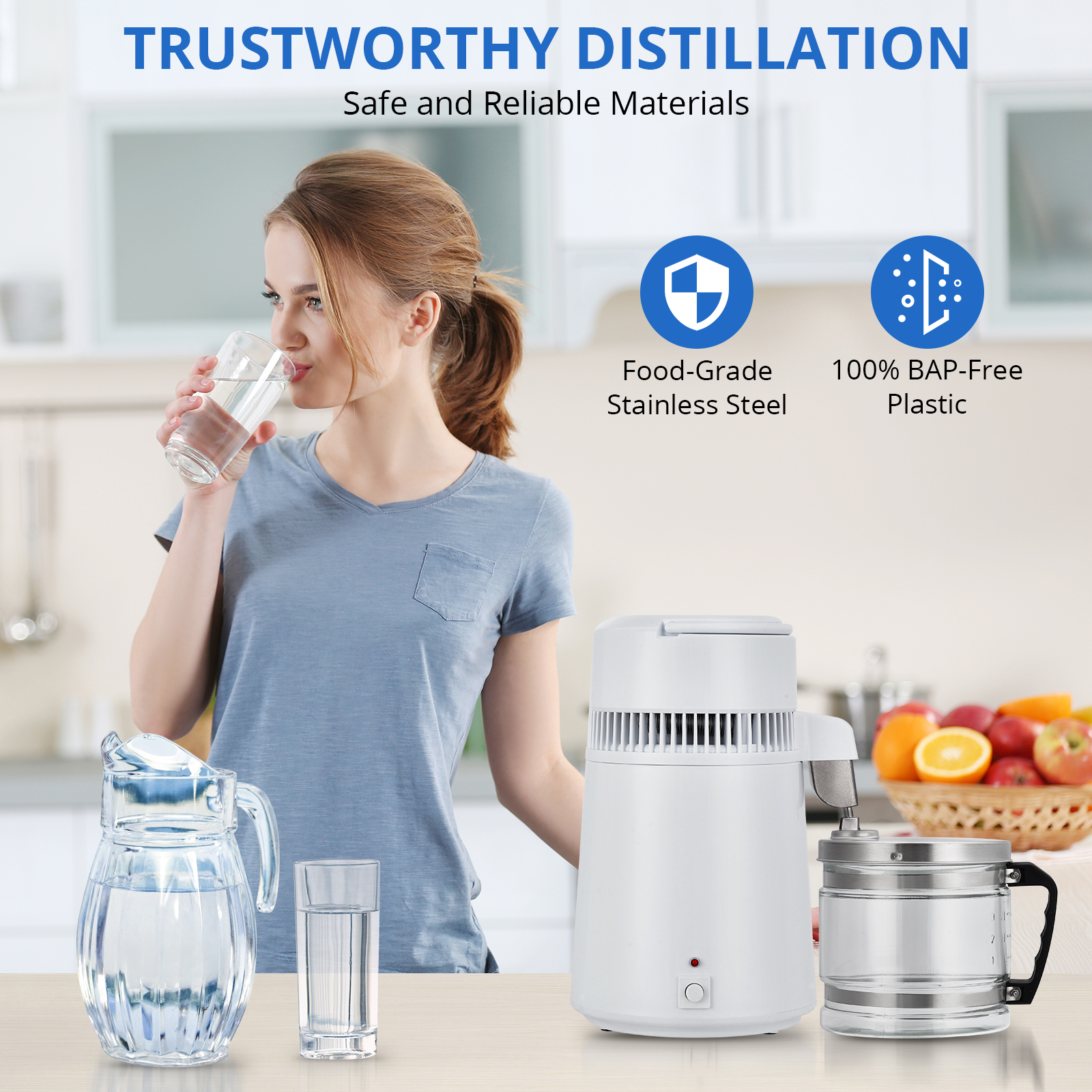 Water Distiller Countertop 1 Gallon/4L 750W Distilled Water Machine with Smart Switch Purifier Filter for Home Office, White