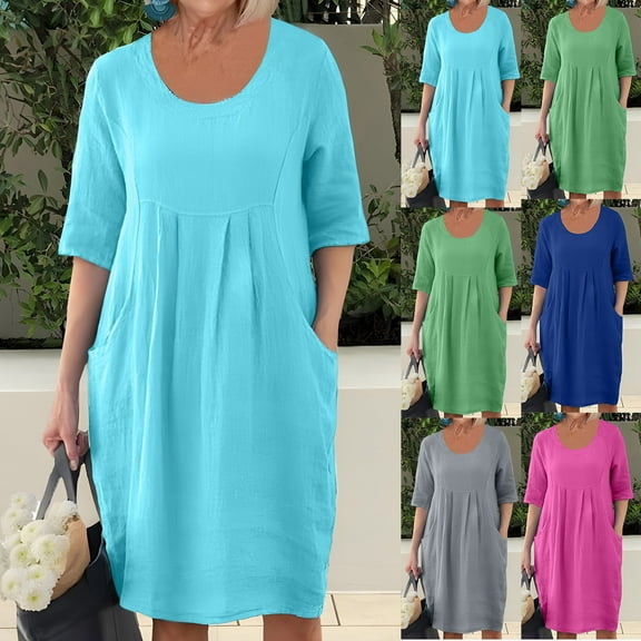 Kmdttou Plus Size Summer Dress for Women's Fashionable Loose Casual Dress Straight Tube Solid Color Pocket Round Neck Medium Length Dress Short Sleeved Round Neck Dress