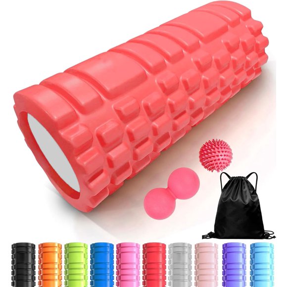 shiyou-Foam Roller 4in1 Set Includes Hollow Core Massage Roller,Peanut Ball,Spiky Ball,Storage Bag,for Deep Tissue Massage, Pain Relief of Back, Legs, Exercise( 4 in 1) (Red)
