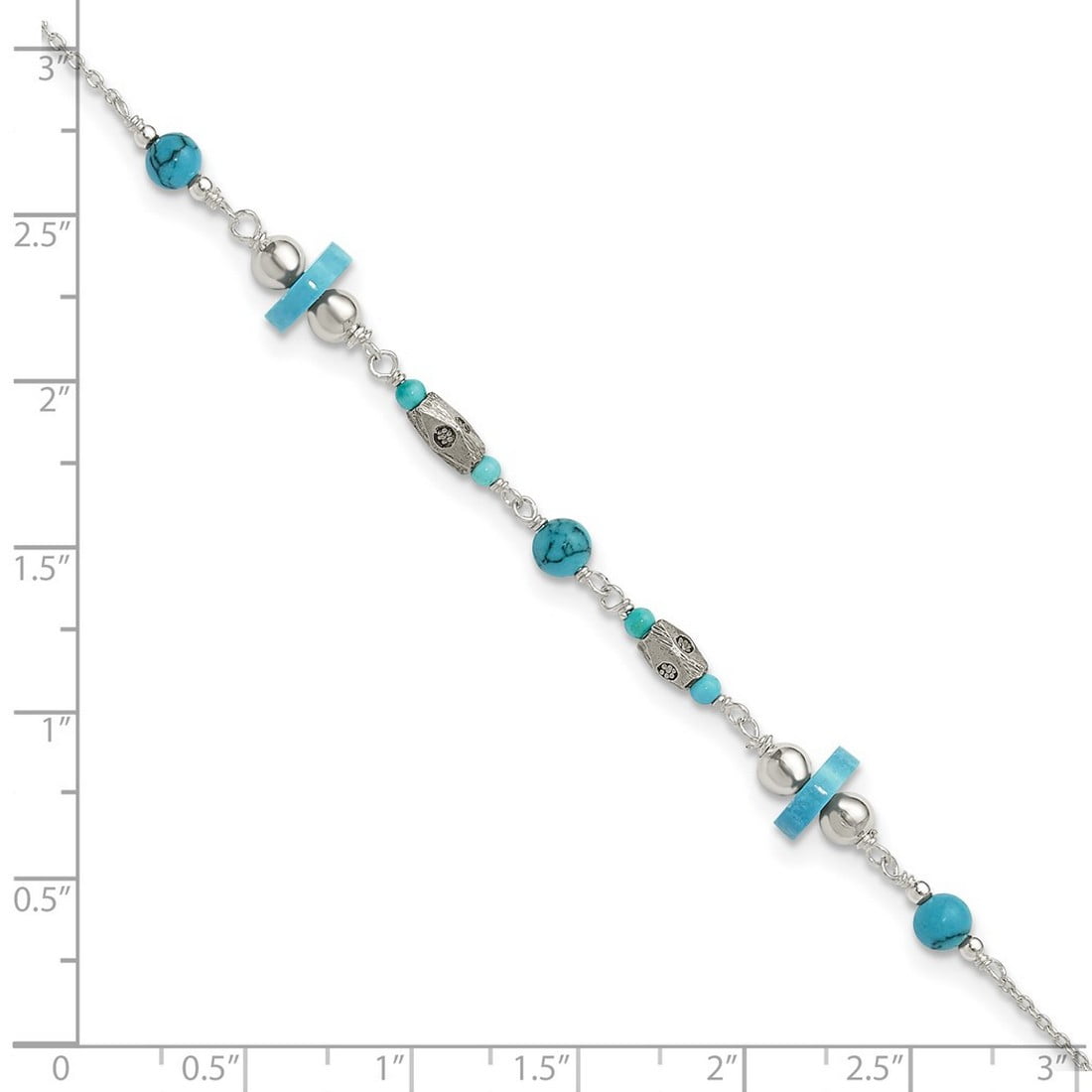 7mm 925 Sterling Silver Oxidized Simulated Turquoise Beaded Anklet 10 Inch Anklet for Women