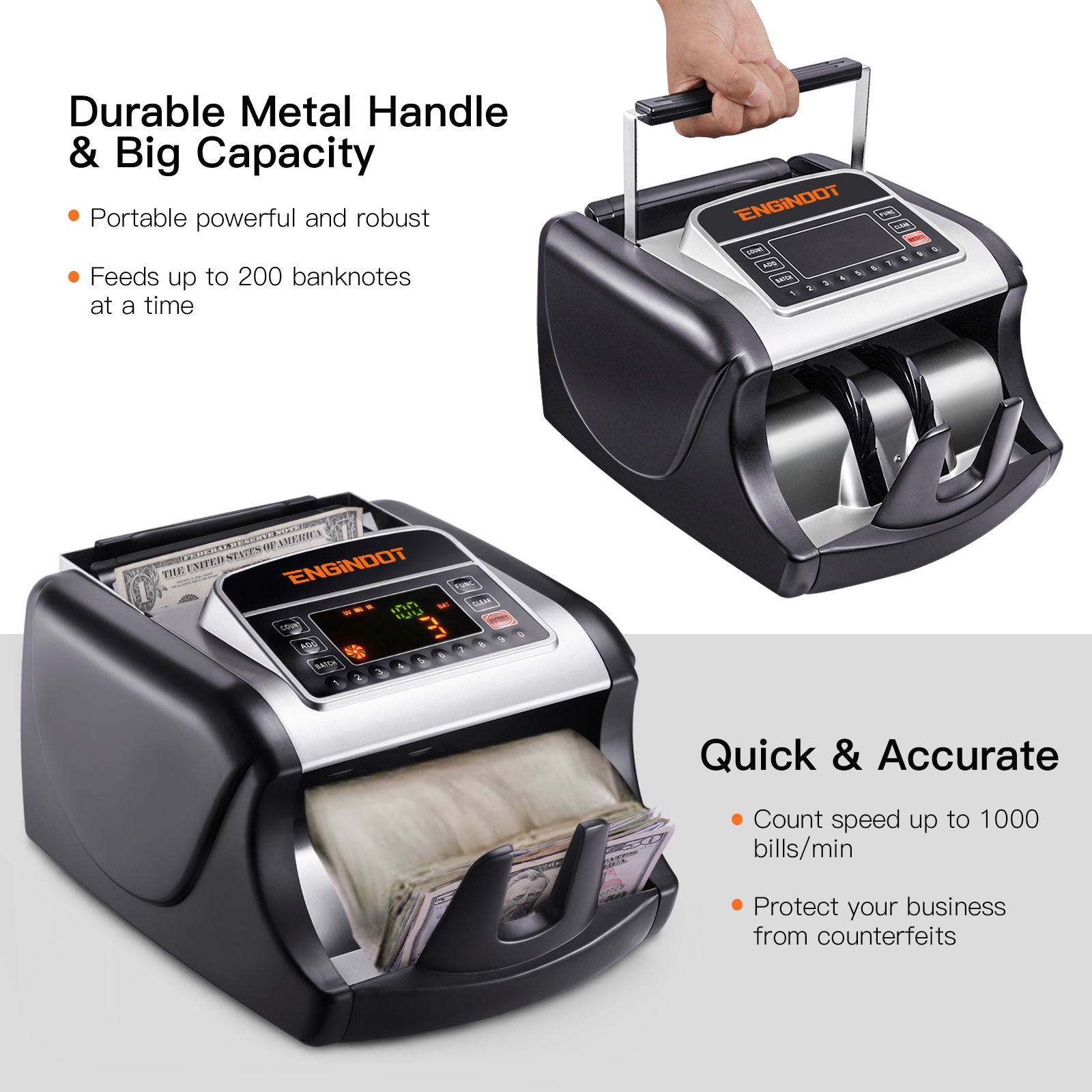 ENGiNDOT Money Counter Machine, UV/MG/IR Cash Counterfeit Detection, Dollar, Euro Bill Counter with Accessories