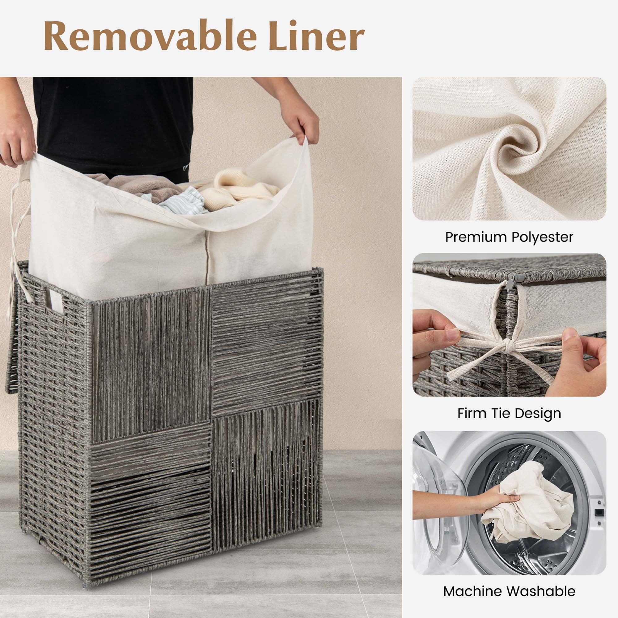 Costway Hand-woven Rattan Laundry Hamper with Lid Removable Liner Bag 29-Gallon 2-Section