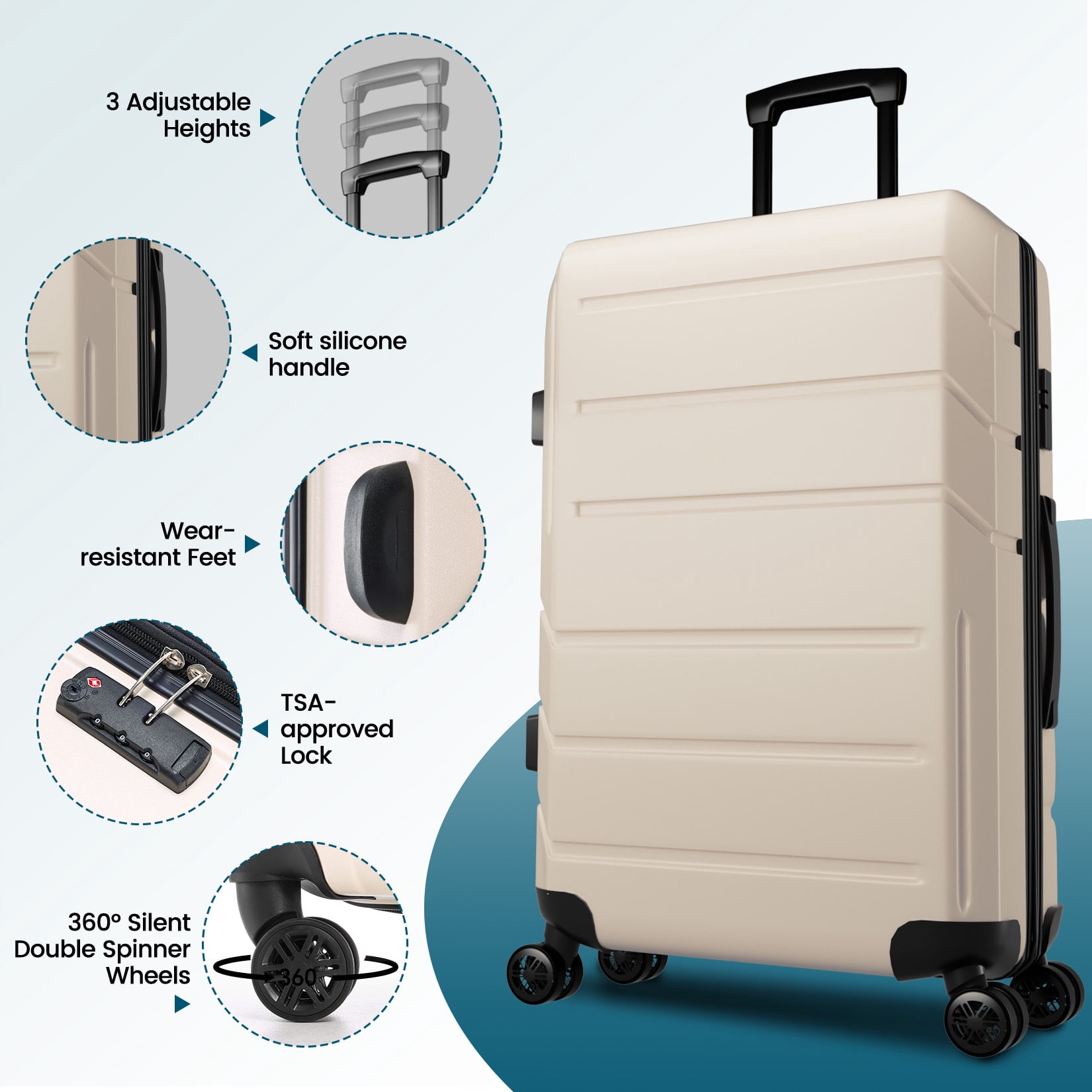 SANOPY Luggage Sets 5-Piece Suitcase Set(20"24"28"), ABS Hardside Expandable Suitcase Set with TSA Lock Spinner Wheels(Beige)