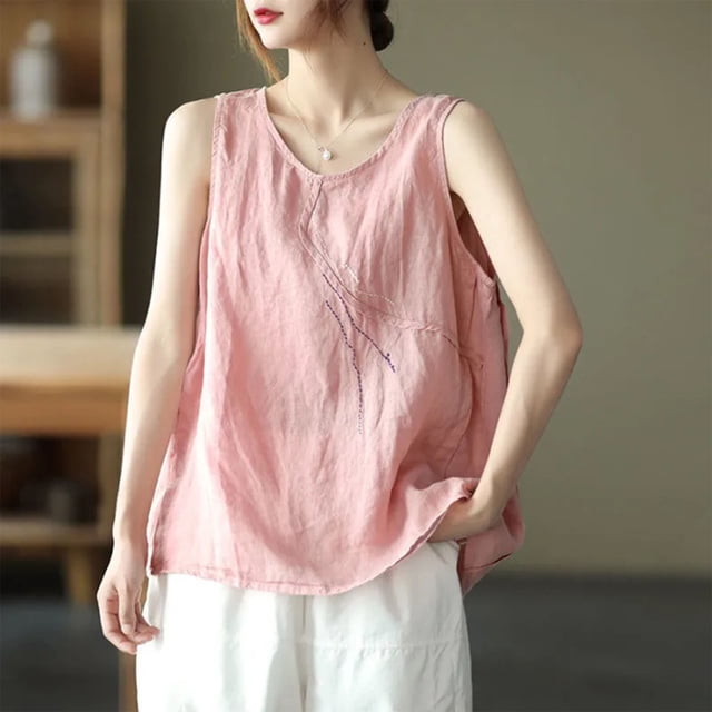 mfyjkho Camisetas Sin Mangas De Talla Grande, Camiseta Holgada De Cuello Redondo De Lino Y Color Liso De Moda Para Mujer Tops Bohemios Para Mujer Xxxl