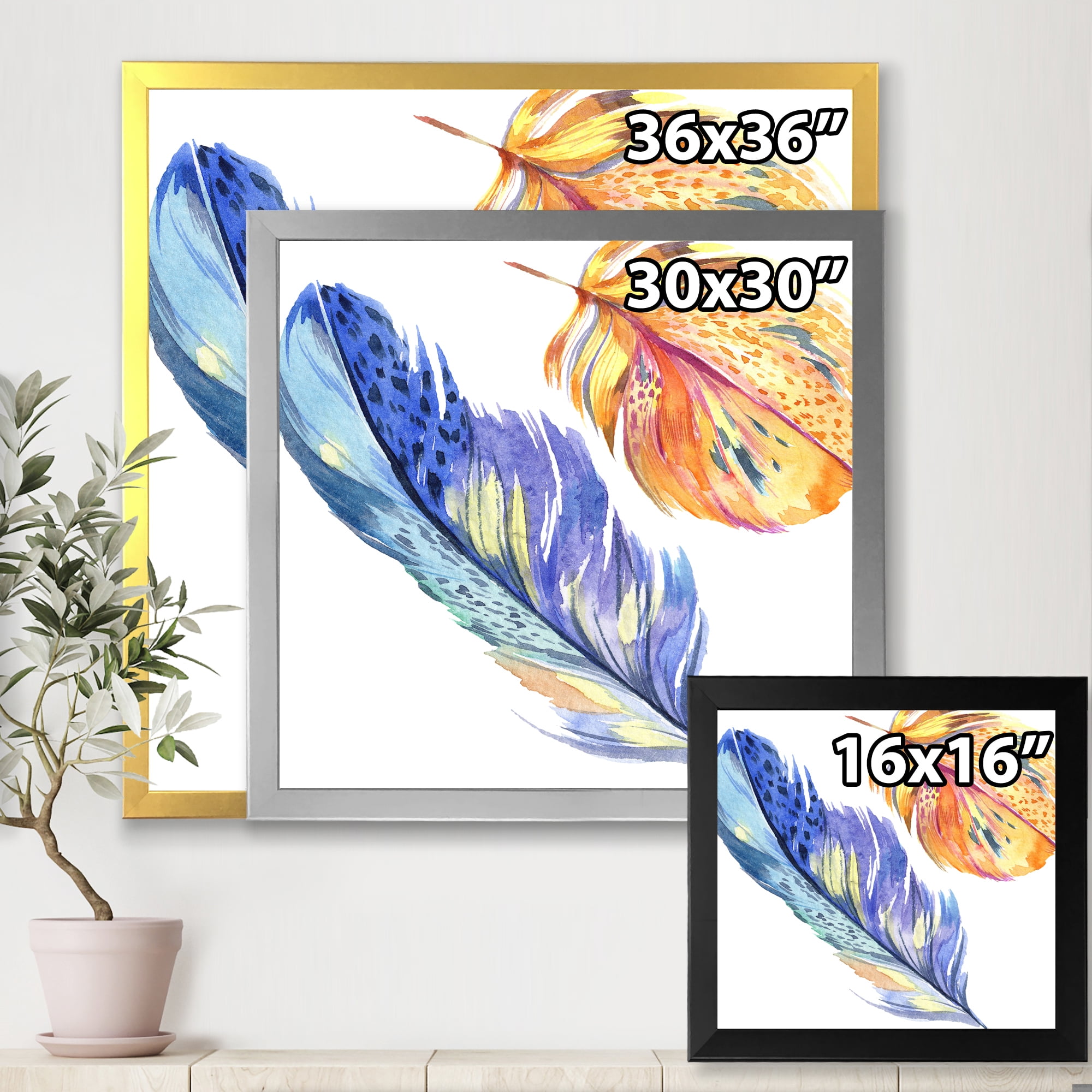 Designart 'Colorful Blue and Golden Bird Feather From Wing' Bohemian & Eclectic Framed Art Print