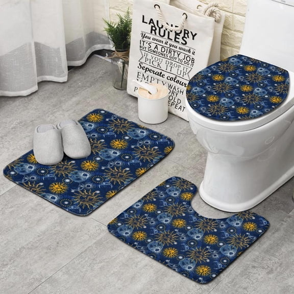 Blue Sun Moon Star Pattern Bathroom Rugs Sets 3 Piece,Toilet Cover Set,Absorbent Non Slip Bathroom Mats Sets with U-Shaped Contour Rug Toilet Rug Set