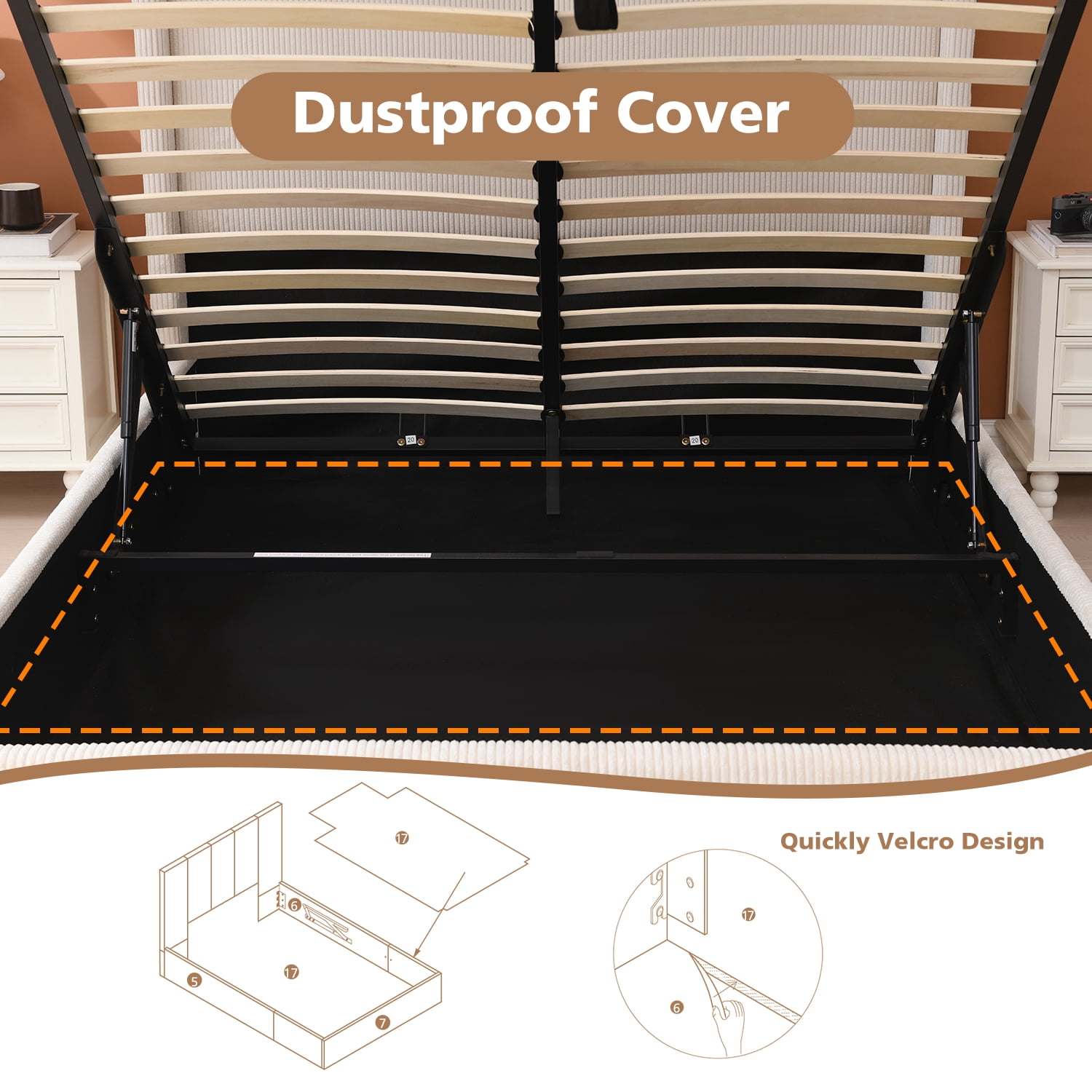 King Size Bed Frame with Lift Up Storage, Corduroy Upholstered Platform Bed with Wingback Headboard, No Box Spring Needed, Hydraulic Storage, White