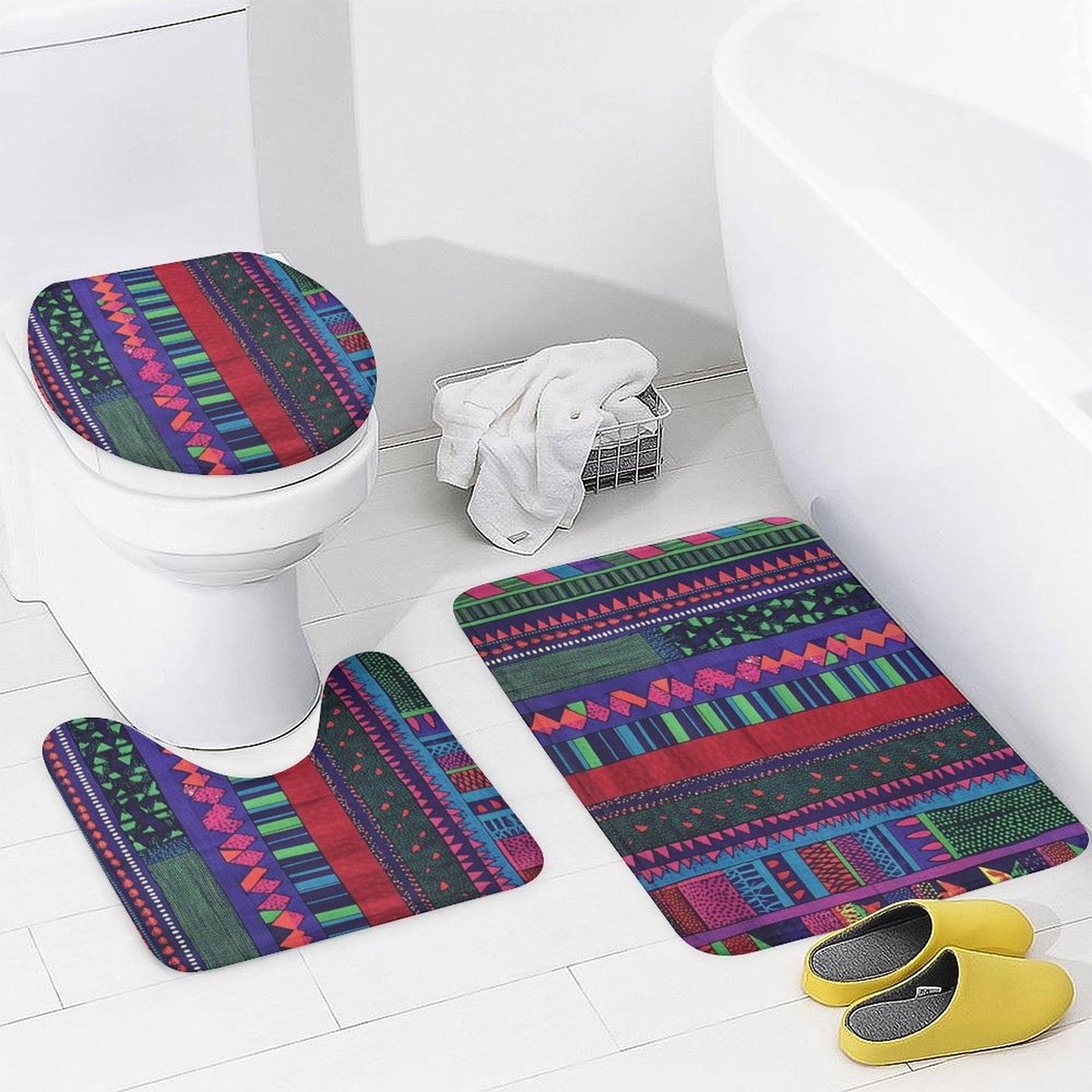 Purple And Blue Geometric Shapes Shower Curtain Sets with Rugs 4 Piece Non-Slip Rugs And Toilet Mat Lid Rug Accessories Bohemian Modern Durable And Waterproof for Bathtub Decor