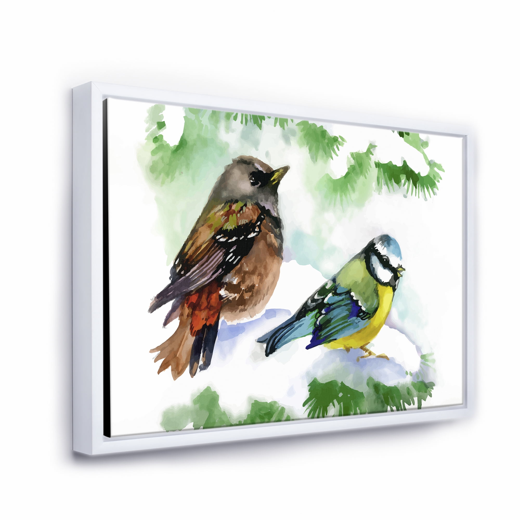 Designart 'Forest Birds Sitting On Snowy Fir Tree Branch' Traditional Framed Canvas Wall Art Print