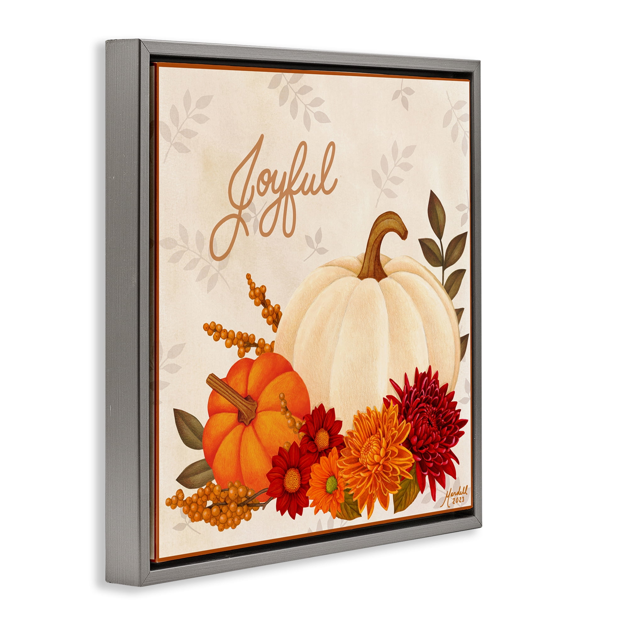 Stupell Industries Joyful Floral Pumpkins Holiday Painting Gray Floater Framed Canvas Art Prints Wall Art, 25 x 25