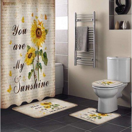 ZHANZZK Sunflower Butterfly 4 Piece Bathroom Set Shower Curtain Bath Rug Contour Mat and Toilet Lid Cover