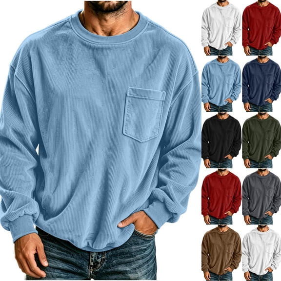 Corduroy Crewneck Sweatshirts for Men Fashion Winter Solid Color Long Sleeve Sports Sweatshirt with Front Pockets Casual Loose Basic Pullover