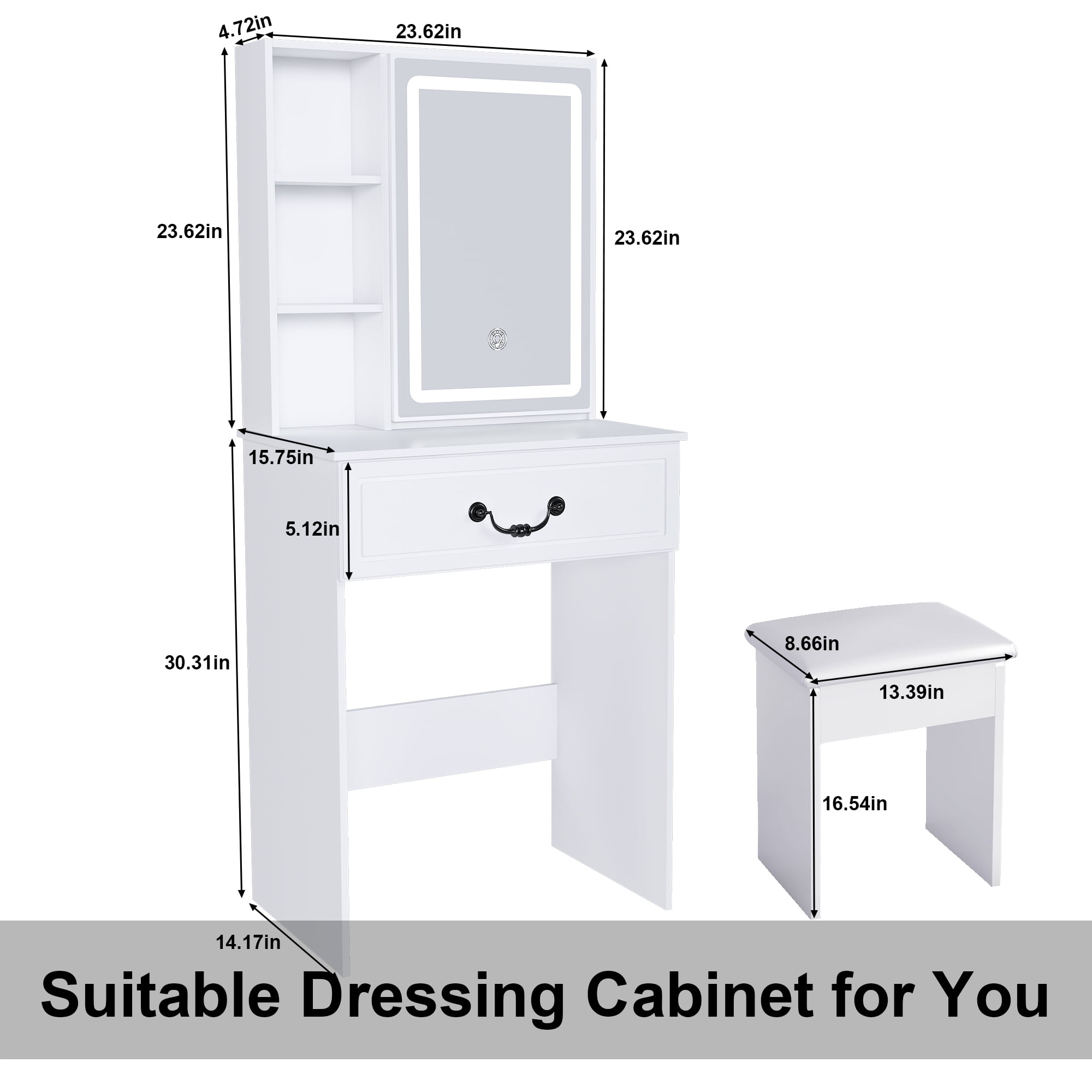 Dressing Table with LED-lit Mirror & Hidden Storage,Includes Padded Stool,Adjustable Brightness Vanity Desk