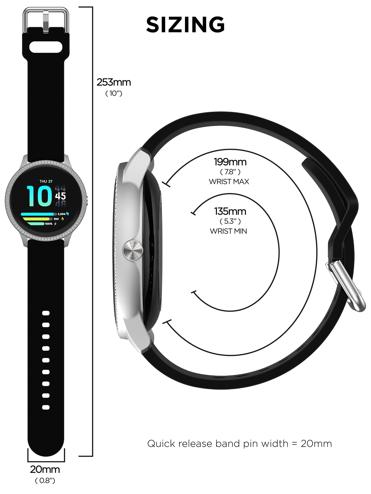 iTech Elite 3 Unisex Adult Round Smart Watch, Black, Silicone Strap