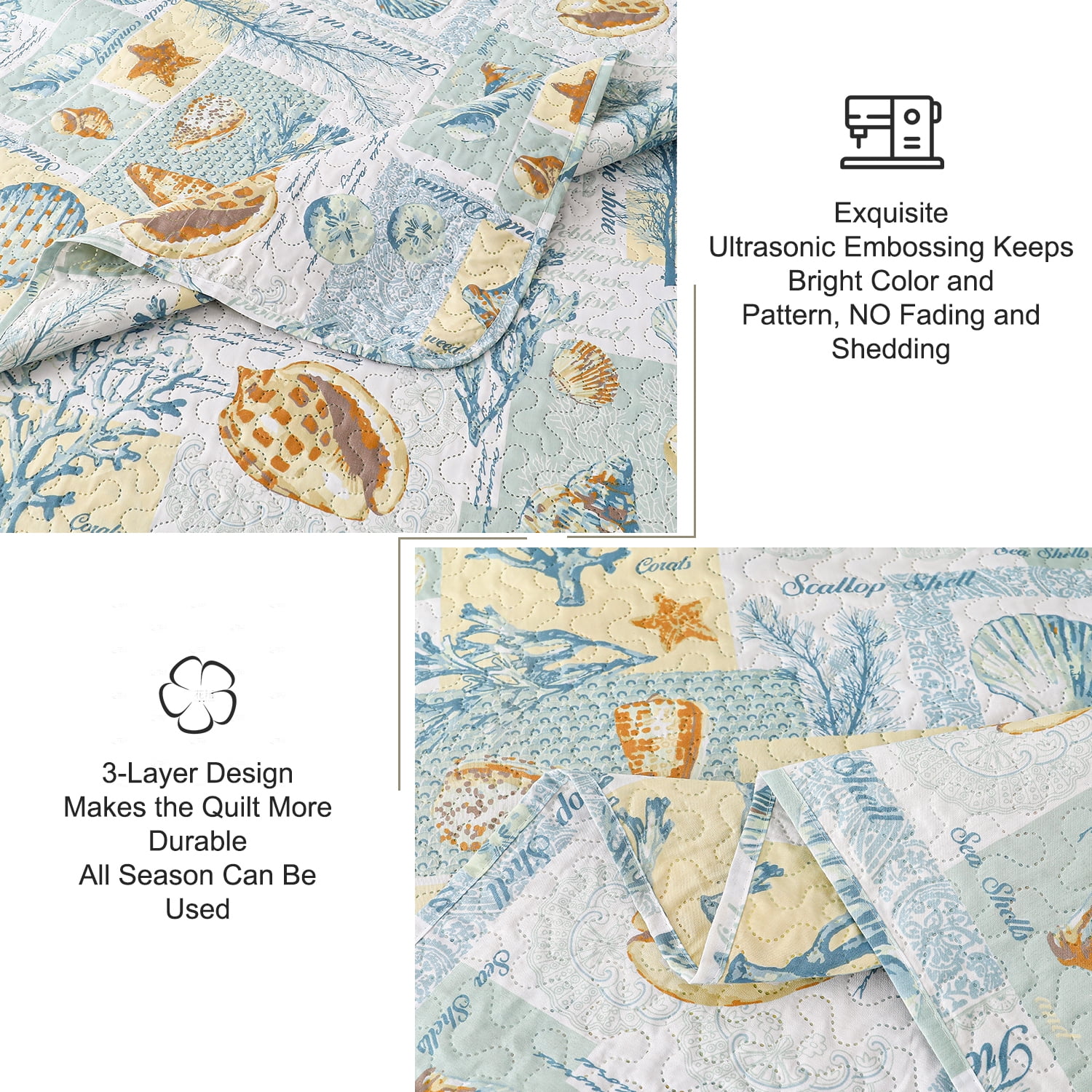 Kebury Ocean Beach Theme Quilts Bedding Set Queen Size Lightweight Patchwork Coastal Bedding Letter Printed Coverlets Conch Seashell Starfish Seaweed Bedspreads (1 Quilt, 2 Pillow Shams)