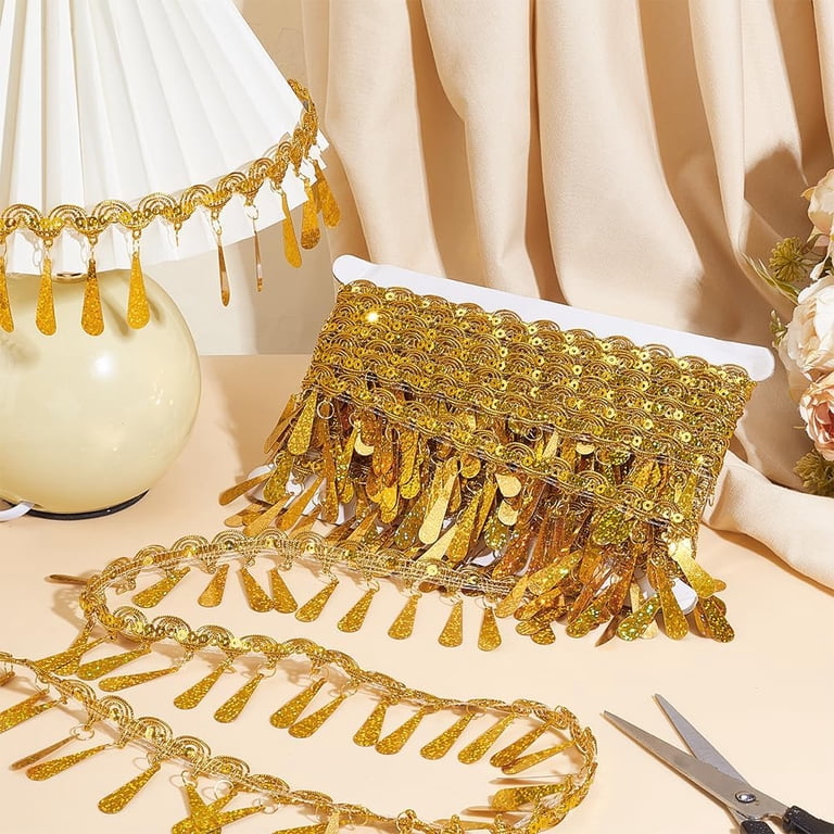10 Yards Gold Fringe Trim Sequin Tassel Trim 2.2inches Fabric Decorative Trim Gold Edging Trim Sewing Ribbon for Curtain Lampshade Belt Chain Costume Craft Home Decor