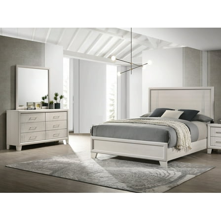 Beautiful White Cream Finish Full Panel Bed Dresser Mirror 3pc Bedroom Set