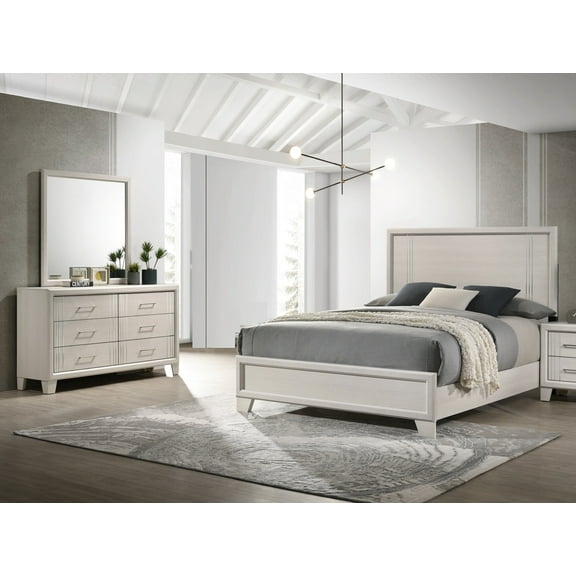 Beautiful White Cream Finish Full Panel Bed Dresser Mirror 3pc Bedroom Set