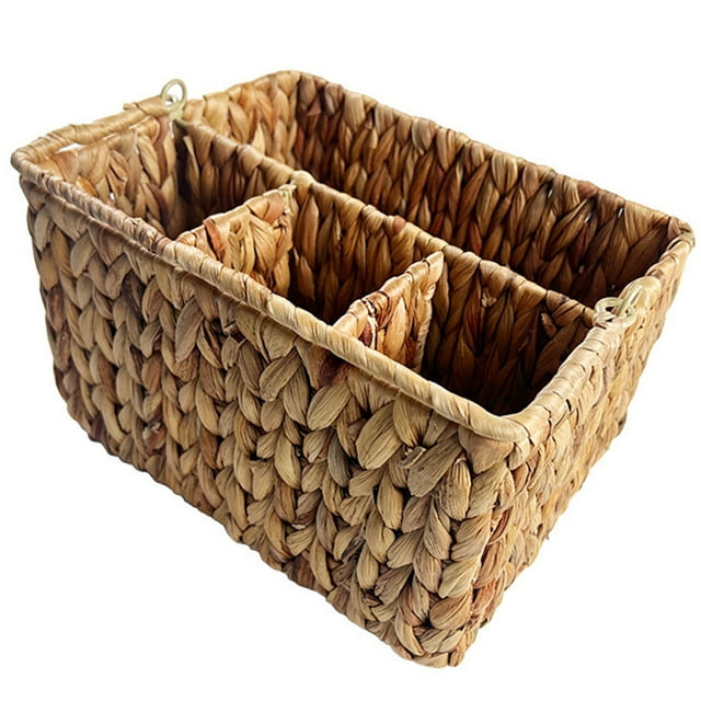UPOUART Woven Utensil Holder Multi Compartment Cutlery Organizer Basket with Foldable Handle for Kitchen and Dining Storage